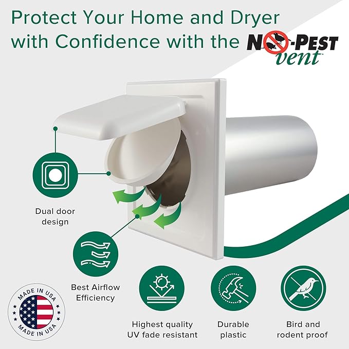 NO-PEST VENT, Exclusive Dual Door Dryer Vent Cover Outdoor 4 inch, Made in USA w Highest UV Resistant Plastic in any Outdoor Vent Cover, No Lint Collecting Screen (White, 4” Metal Vent With Duct Tube) - Image 2
