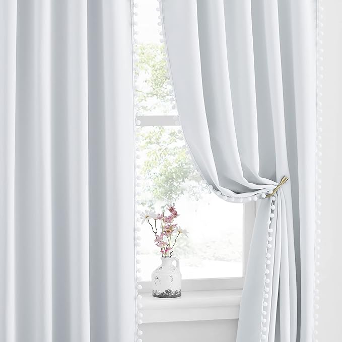 NICETOWN Pom Poms Trimming Blackout Curtains, Farmhouse Blackout Window Curtains Set of 2 Panels, Thick Thermal Insulated Vertical Drapes for Girls Boys Room Playroom, Greyish White, W52 x L84 inch - Image 8