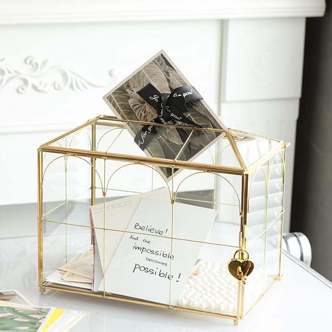 Glass Card Box with Slot, 10.2 inch Large Gold Clear Card Box for Wedding Receptions, Decorative Storage Box with Lock for Baby Shower, Birthday Party, Bridal Shower - Image 3