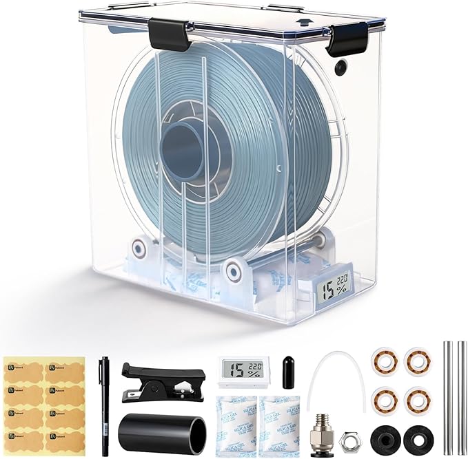 Filament Storage Box for 3D Printer, Dual-Outlet Airtight Dry Box with Ball-Bearing Spool Holder, Desiccant Dehumidifying Keeper for PLA PETG, Moisture-Proof Container with Tube Sealing Cap by FN