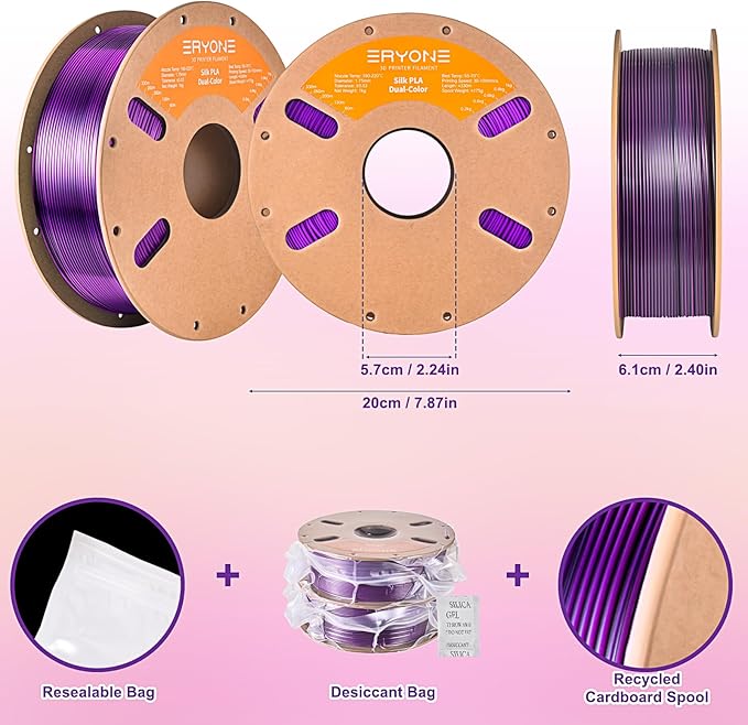 ERYONE Silk Dual Color PLA Filament 3D Printer 1.75mm +/- 0.03mm, Bicolor Filament Two Tone PLA Bundle 2KG Cardboard Spool, Black Purple - Image 6