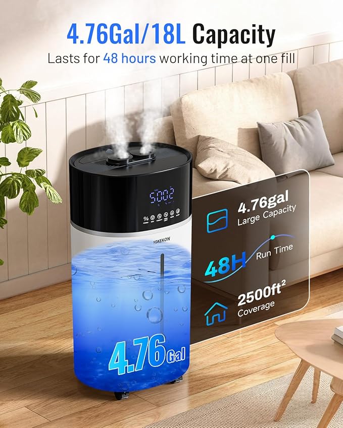 Yokekon Cool and Warm Mist Humidifier Large Room, 4.76Gal/18L Humidifiers for Home 2500 sq ft, Air Humidifiers for Bedroom with Diffuser&Extended Tube, Whole House Humidifiers for Nursery Baby Plants - Image 4