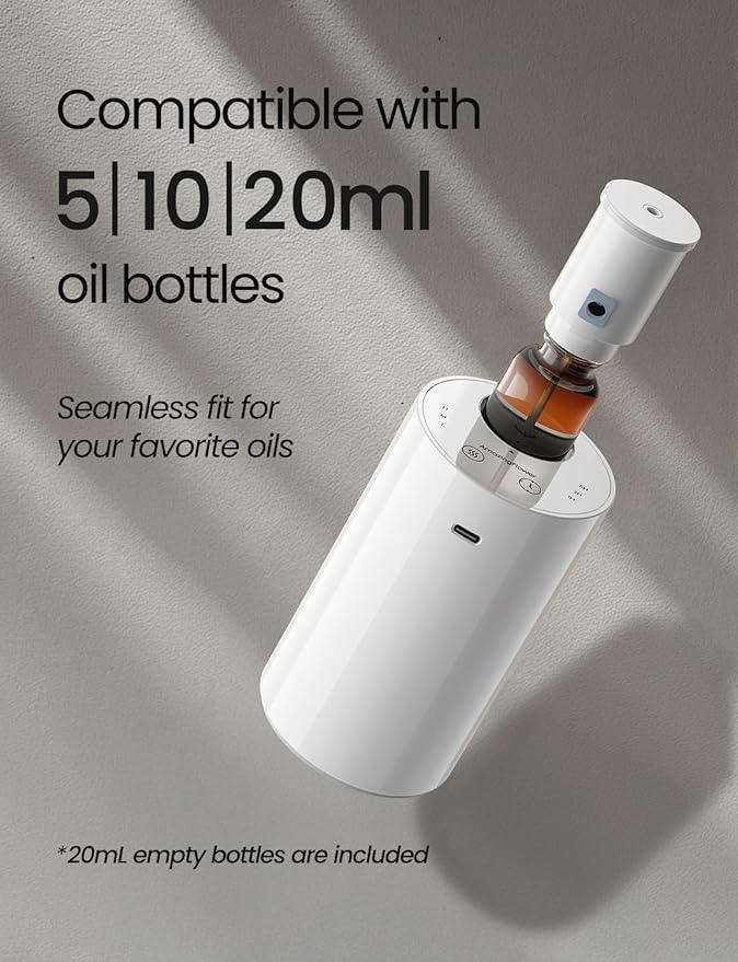 Waterless Essential Oil Diffuser, Portable Aromatherapy Diffuser with 20mL Capacity, Battery Operated Mini Scent Diffuser,3 Mist Levels & Timers, Leak-Free, for Home, Car, Office (White) - Image 6