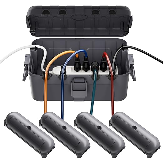 RESTMO 5-Piece Outdoor Waterproof Electrical Box Set – 12.5" x 8.5" x 5" Large & 7.1" x 2.3" x 2.3" Small, Weatherproof Boxes for Power Strip, Outlet, Plug, Socket, Timer, Holiday Light, Gray by Restmo