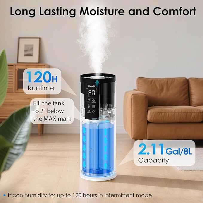 Humidifiers for Large Room 550 ft² - GloryAir 8L Cool Mist Humidifier for Bedroom Home Plants Baby, Top Fill, 120H Runtime, 4 Mist Spray Levels, 7-Color Light, 35dB Quiet Humidifier - Image 2