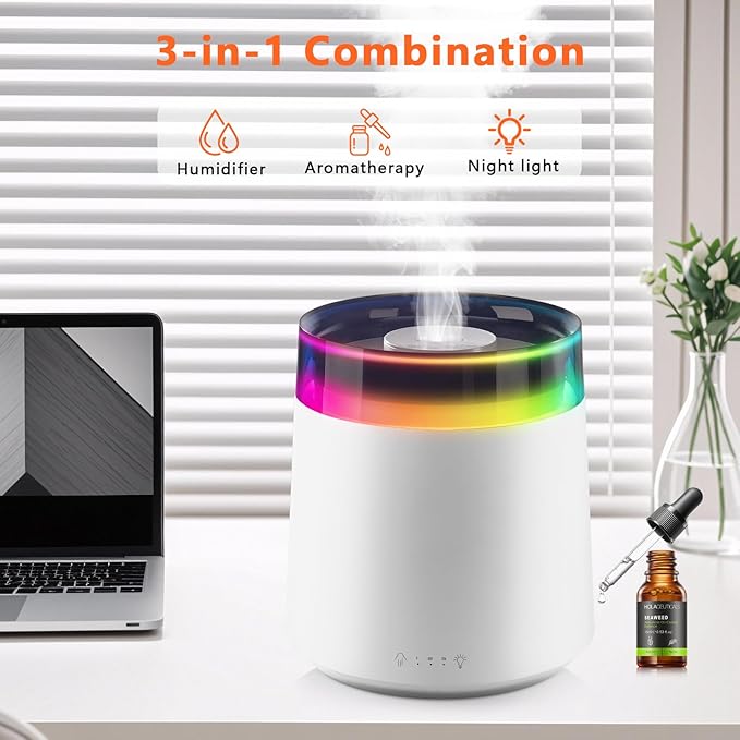 Humidifiers for Bedroom Home,3L Top Fill Cool Mist Humidifier for Baby Nursery,Essential Oil Diffuser for Large Room,3 in 1 uiet Ultrasonic Humidifier for,Office,Plant,Nursery,BPA FREE (White) - Image 2
