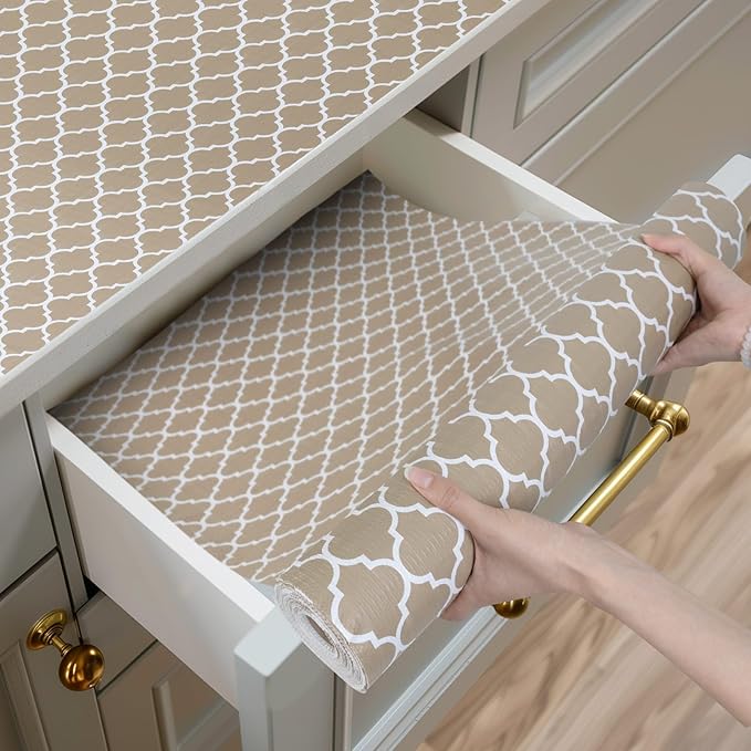 Shelf and Drawer Liner for Kitchen Cabinets Non-Adhesive, Strong Grip Non-Slip Thickened Cabinet Liners for Shelves, Waterproof Mats for Dresser Cupboard, Beige, 12 in x 20 Feet by Shinlendid