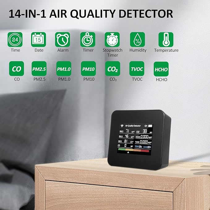 14 in 1 Indoor Air Quality Monitor Air Quality Detector CO₂ CO TVOC HCHO Temperature Humidity PM2.5 PM1.0 PM10 Desktop Air Quality Tester with Time/Date/Alarm Clock/Timer/Stopwatch Support APP Control - Image 2