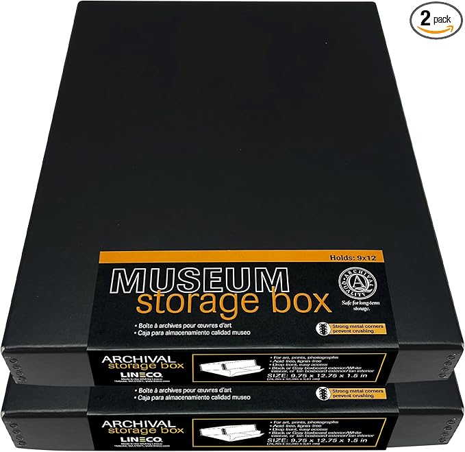 Lineco Museum Archival Storage Box, 9.75x12.75x1.5 in. Drop Front Design. Acid-Free with Metal Edge. Organize Photos, Pictures, Prints, Documents, Crafts, DIY. Black, 2 Pack by Lineco