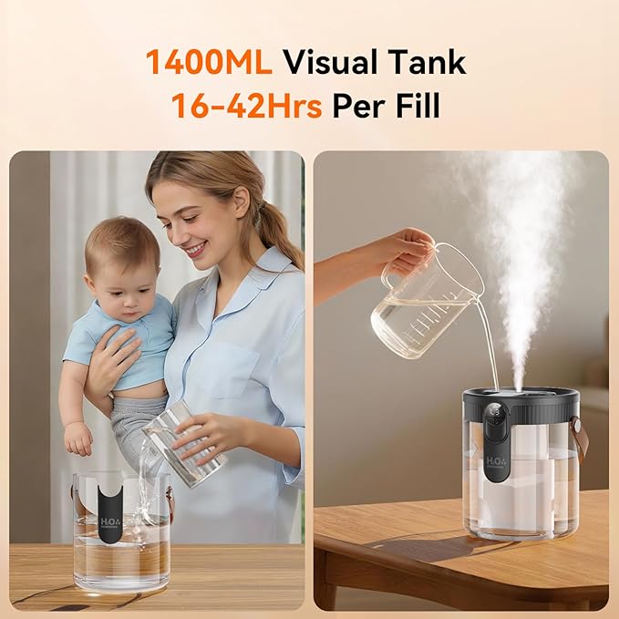DIGIX Small Portable Humidifiers for Bedroom, 1.4L Top Fill Cool Mist Humidifier for Home Office Travel, 3 Mist Modes, Auto Shut Off, Night Light, Easy to Clean Quiet Humidifier for Baby Plant (Grey) - Image 8