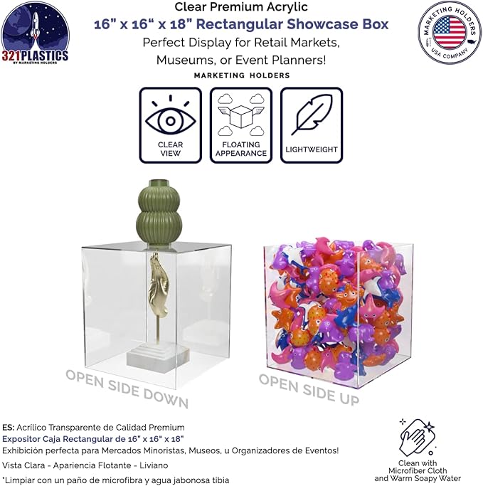 16" x 16" x 18" Clear Acrylic Display Box No Lid Versatile Square Plexiglass Retail Product Storage Bin or Merchandise Riser with One Open Side by Marketing Holders - Image 2