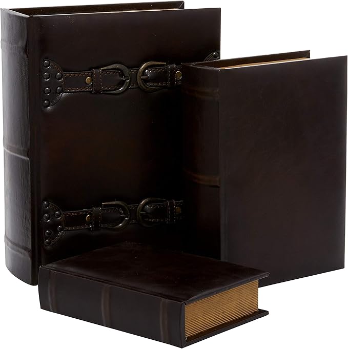 Deco 79 Wooden Decorative Box Faux Storage Book Book Shaped Boxes with Faux Leather Detailing, Set of 3 Decorative Keepsake Boxes 14", 11", 9"H, Brown by Deco79
