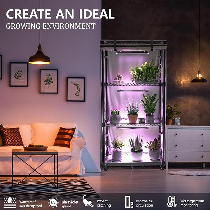 Indoor Greenhouse with Clear Cover – 4-Tier Portable Plant Stand with 3 T8 Grow Lights, Timer, Thermometer, Ventilation, Seed Starter for Herbs, Seedlings, Flowers (35.8"x13.8"x62.8") - Image 9