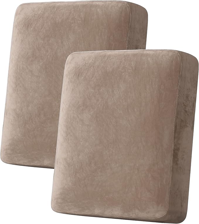 H.VERSAILTEX Velvet Stretch Couch Cushion Cover Plush Cushion Slipcover for Chair Loveseat Sofa Cushion Furniture Protector Seat Cushion Sofa Cover (2 Piece Medium Sofa Cushion Covers, Taupe) by HVERSAILTEX