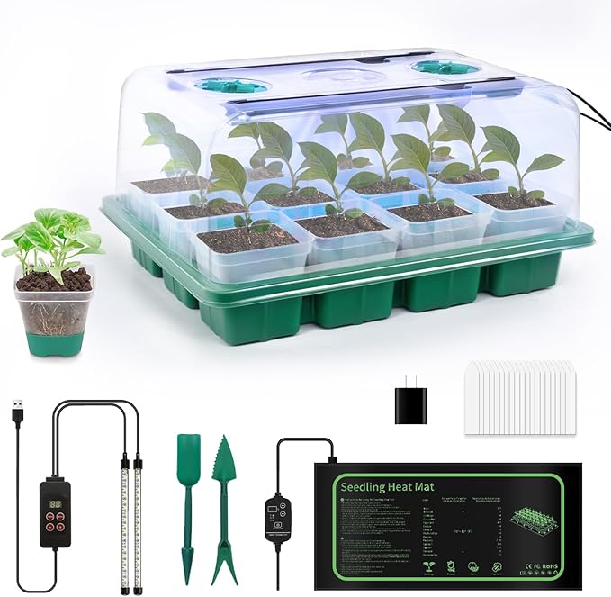 joyhalo 12 Cell Seed Starter Kit with Grow Light and Graphene Heating Mat, Reusable Seed Starter Tray with Higher 4.7”Humidity Domes and Large Clear Silicone Base Nursery Pots by Joyhalo