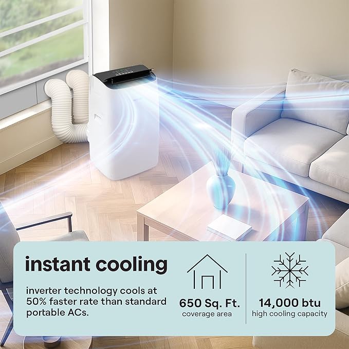 SereneLife 14000 BTU Ultra Quiet Portable Inverter Air Conditioner, Smart Cooling & Heating with WiFi, Energy Efficient, For Bedrooms, Living Spaces & Offices, 650 Sq Ft Coverage - Image 2