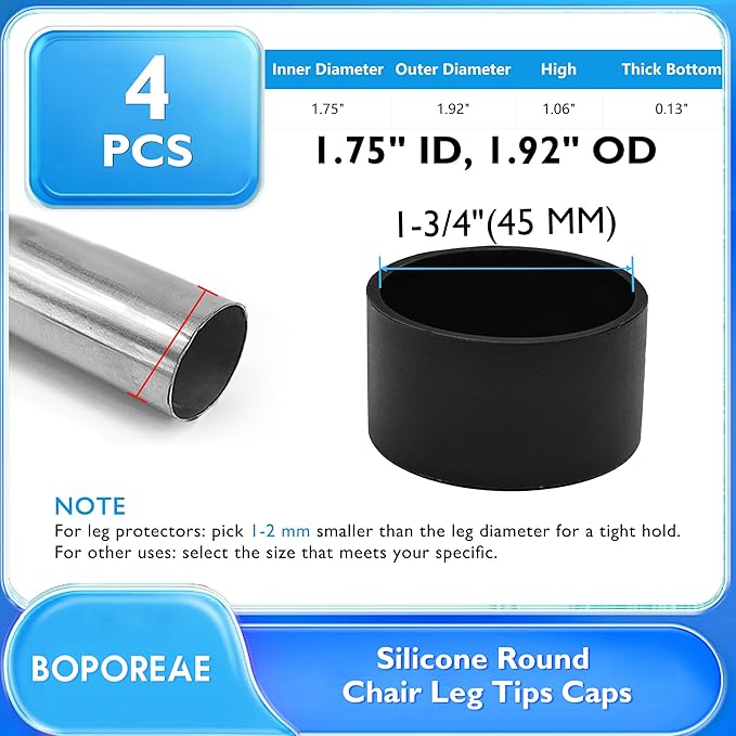 4 Pcs 1-3/4" (45 mm) Round Chair Leg Tips Caps, Silicone Rubber Furniture Leg Floor Protectors, Reduce Noise Folding Metal Chair Leg Cap Replacement for Bar Stool Leg Patio Indoor, Black - Image 9