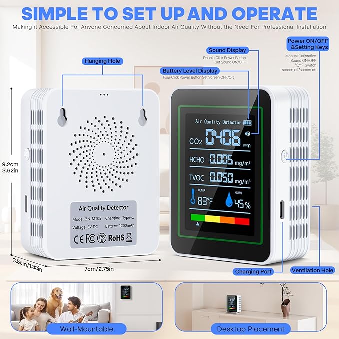 Indoor Air Quality Monitor,LXIANGN 5 in 1 Professional Air Quality Detector for CO2 | TVOC | HCHO | Temperature | Humidity for Home, Hotel, Office, Car (White) - Image 6