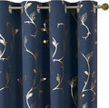 BUHUA Blackout Curtains Gold Foil Print Flower Vine Grommet Drapes, Room Darkening Thermal Insulated Curtains for Bedroom, Navy Blue, 52Wx45L, 2 Panels by BUHUA