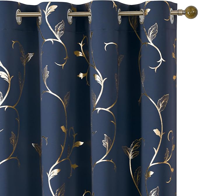 BUHUA Blackout Curtains Gold Foil Print Flower Vine Grommet Drapes, Room Darkening Thermal Insulated Curtains for Bedroom, Navy Blue, 52Wx45L, 2 Panels by BUHUA