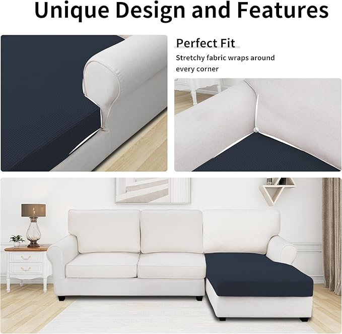 Easy-Going Stretch Sectional Couch Covers 1 Piece Chaise Lounge Slipcover L Shape Separate Cushion Couch Seat Chaise Cover for Both Left/Right Sectional Couch Dark Blue - Image 3