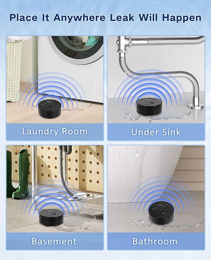 Geevon 2 Pack Water Leak Detectors, 100dB Water Sensor Alarms Flood Detector for Basements, Bathrooms, Laundry Rooms, Kitchens, Garages, and Attics, Water Alarms Battery-Operated (Battery Included) - Image 3
