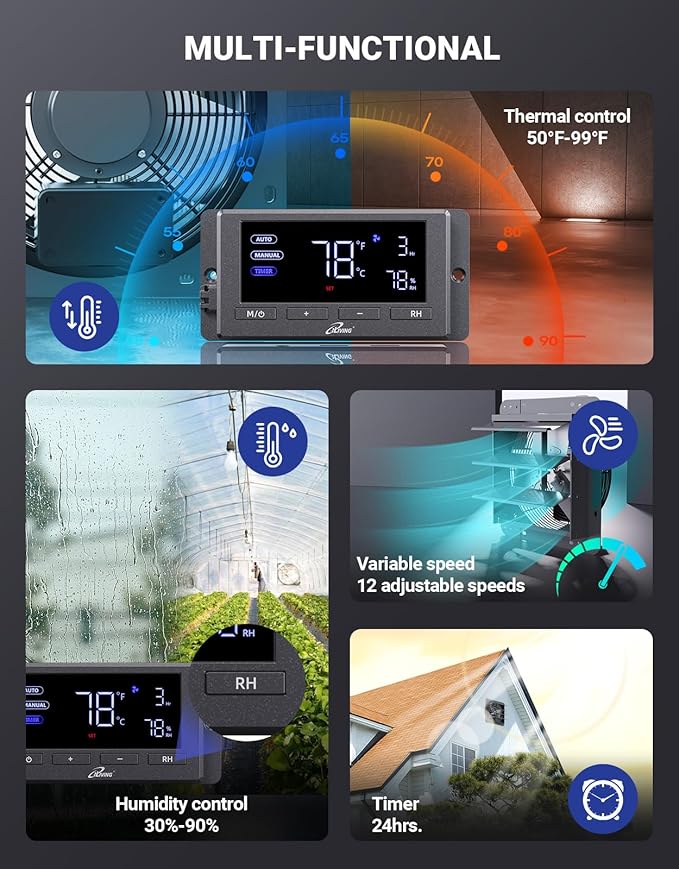 iLIVING 12" Wall Mounted Shutter Exhaust Fan, Automatic Shutter, Temperature and Humidity Controls with Variable Speed, 960 CFM at 1600 RPM DC Motor - Image 3