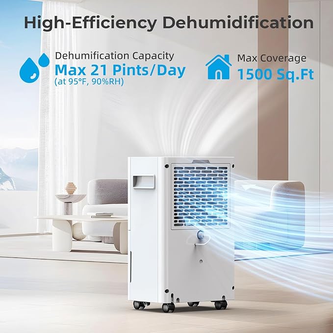 1500 Sq.ft Dehumidifier for Basement, PLUSCENT Max 21 Pint/Day Dehumidifiers for Home, Large Room, Bedroom with Drain Hose, Smart Humidity Control & Monitor, 3 Operation Modes, 24H Timer, Auto Defrost - Image 2