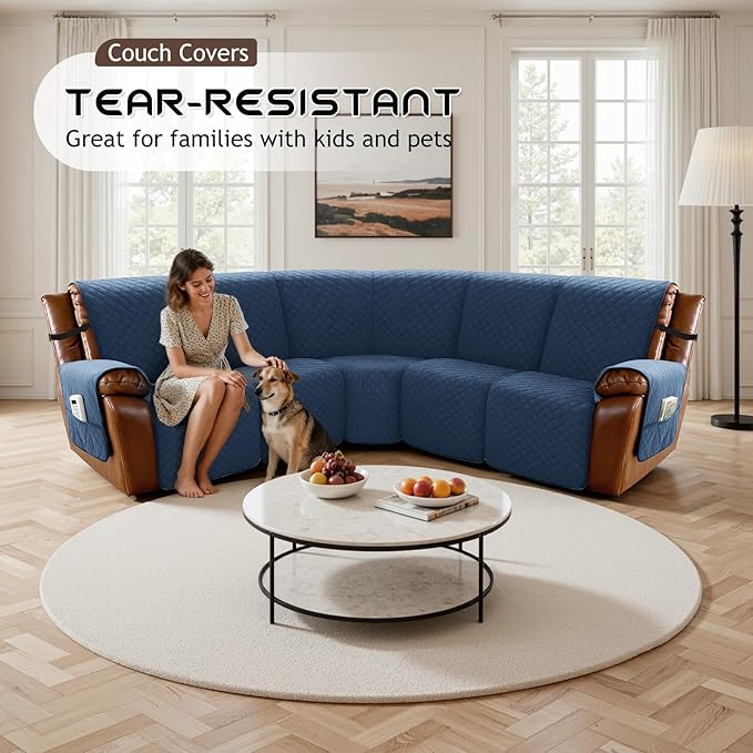 Arfntevss Waterproof Recliner Sectional Couch Covers for Reclining Sectional L Shape Sofa Cover Non Slip Washable Recliner L Shaped Slipcover Dog Additional Seat Protector (1 Seat Cover, Dark Blue) - Image 7