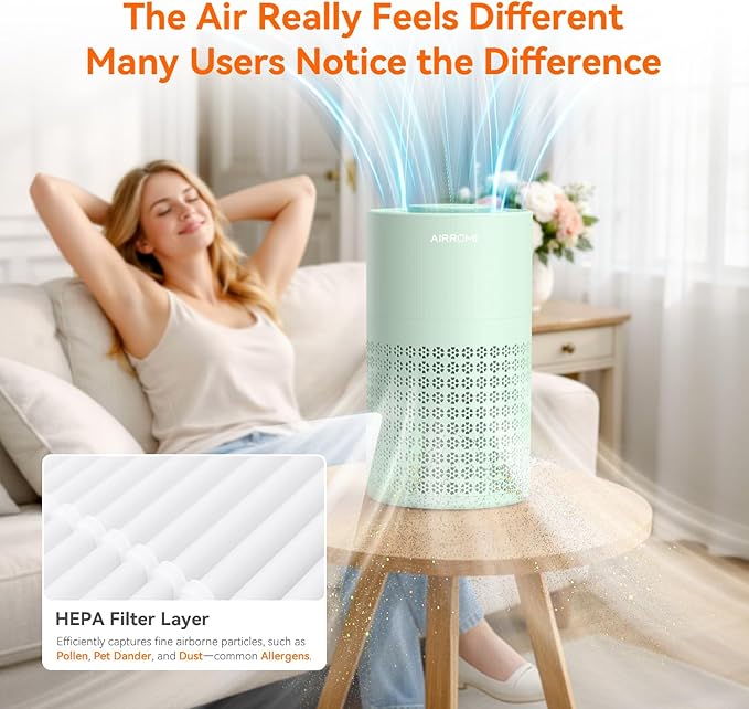 AIRROMI Air Purifier for Bedroom with HEPA 3-in-1 Filter, Pet Air Purifier for Home Cat Pee Smell, Covers Upto 990 Ft², Quiet 360°intake Air Cleaner for pet hair,allergies,Dust,Smoke A2001 Green - Image 8