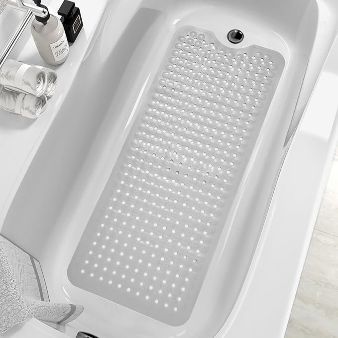 ZHICHENG Bath Tub and Shower Mats, Non-Slip 39 x 16 Inch Extra Long Bath Mat, Machine Washable Bathtub Mat with Drain Holes, Suction Cups for Bathroom (Grey) by Unknown