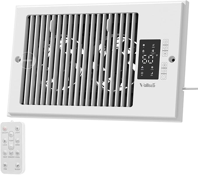 Register Booster Fan 6" x 10" with Negative Ion, Manual Airflow Direction Control, Quiet 10-Speed Heating Cooling AC Vent Fan with Remote & Thermostat Control for Wall Floor, White by VallisCo