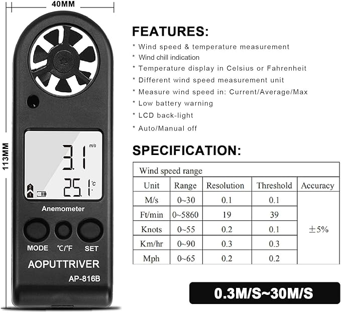 Anemometer Handheld Wind Speed Meter for Measuring Wind Speed Temperature and Max/Average/Current, High Precision Anemometer Measuring for Windsurfing Sailing Fishing Outdoor Activities - Image 4