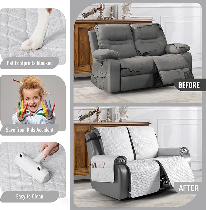 TAOCOCO 100% Waterproof Recliner Cover, Non-Slip Washable Reclining Couch Cover with Elastic Leg Straps, Furniture Protector for Dogs (Off White, 2 Seater) - Image 2