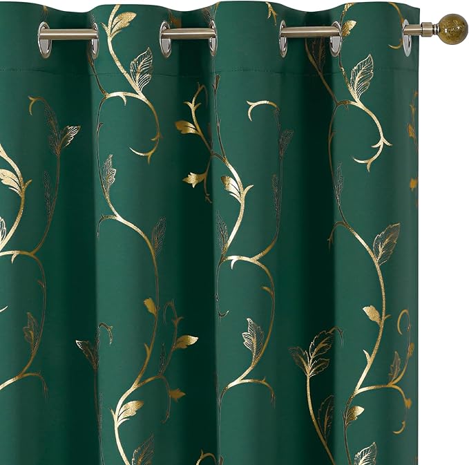 BUHUA Gold Blackout Curtains 84 Inches Length for Christmas, Thermal Curtain for Bedroom 2 Panels Set, Room Darkening Curtains with Wave Vine (52W×84L Emerald Green) by BUHUA