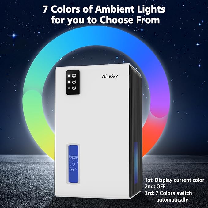 NineSky Dehumidifiers for Home, 95 OZ Water Tank, (1000 sq.ft) Dehumidifiers for Bathroom Bedroom Basement with Auto Shut Off,7 Colors LED Light(White) - Image 4