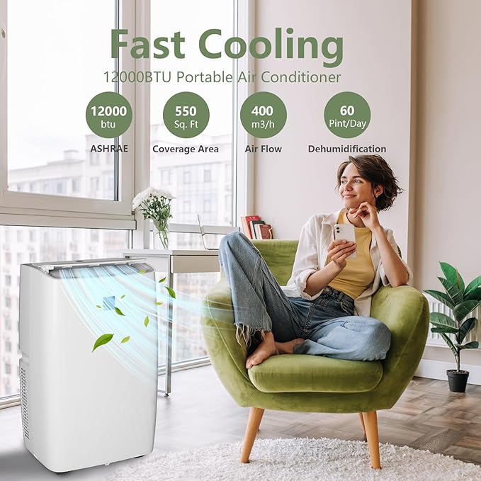 12,000 BTU Portable AC Units for Rooms, 3-In-1 Portable Air Conditioner Up to 550 Sq.Ft(Approx.) | Remote, LED Display, 24H Timer | Includes Window Kit & Extendable Hose, White-3033 - Image 5