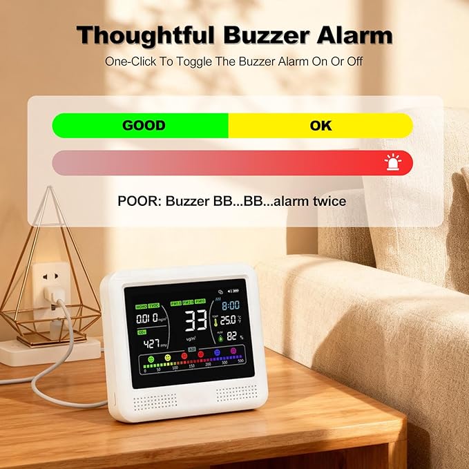 16-in-1 Indoor Air Quality Monitor and Detector with 7AQI Beep Alarm, CO2 Monitor, PM1.0, PM2.5, PM10, Temperature, Humidity, Formaldehyde, VOC Tester - Image 8