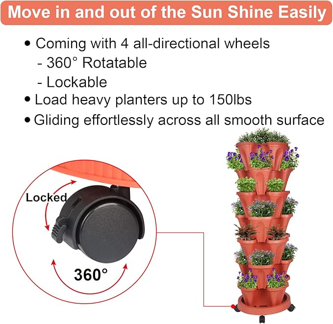 GameXcel Vertical Planter 7 Tier Stackable Planters Garden Planters Strawberry Herb Flower and Vegetable Planter Indoor Outdoor Gardening Pots with Removable Wheels and Tools - Image 6