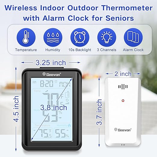 Geevon Indoor Outdoor Thermometer for Seniors – Digital Temperature & Humidity Monitor with Alarm Clock, 3.8" Large Display, Backlight, 3 Channels, Battery Operated for Home, Bedroom, Greenhouse - Image 2