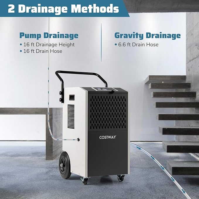 COSTWAY 154 Pints Commercial Dehumidifier with Pump, Portable Industrial Heavy Duty Large Dehumidifier with Drain Hoses for Basements, Job Sites (White) - Image 7