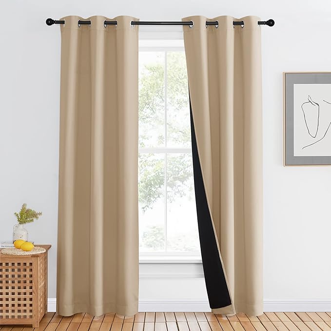 NICETOWN Living Room Completely Shaded Draperies, Privacy Protection & Noise Reducing Ring Top Drapes, Black Lined Insulated Window Treatment Curtain Panel (Biscotti Beige, 1 Piece, W42 x L84) by NICETOWN