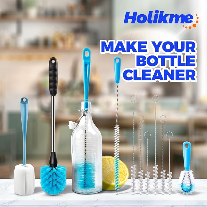 Holikme Bottle Brush Tube Cleaning Lab Set with Long Handle, Cup Cleaner for Washing Narrow Neck Beer Wine Decanter Pipes Lids Sinks Cap Covers, Azul - Image 7