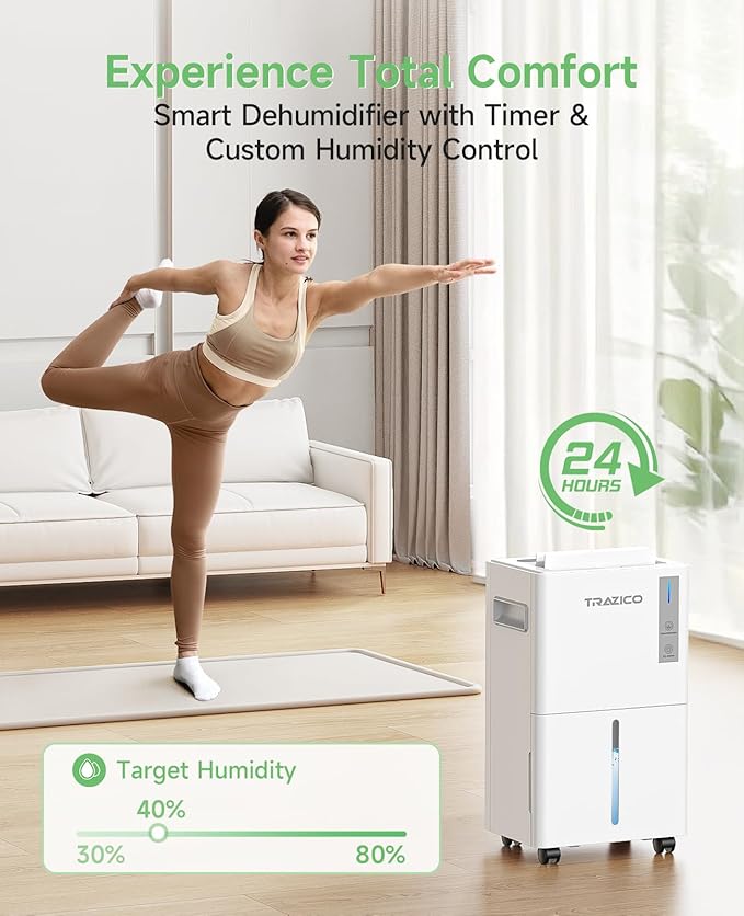 1500 Sq.ft Dehumidifier for Basement, Trazico 21 Pint Quiet Dehumidifiers for Home with Drain Hose, Smart Humidity Control, 3 Modes, 24H Timer, Auto Defrost, for Large Room, Bedroom, and Bathroom - Image 6