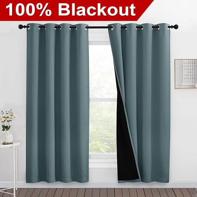 NICETOWN 100% Blackout Window Curtain Panels, Full Light Blocking Drapes with Black Liner for Nursery, 78-inch Drop Thermal Insulated Draperies (Greyish Blue, 2 Pieces, 55-inch Wide Per Panel) - Image 2