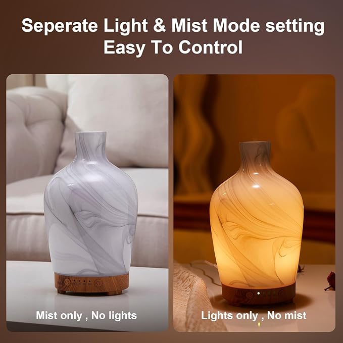 Classical Vase Art Glass Aromatherapy Diffuser 160ml ultrasonic Cool Mist Scent Aroma Essential Oil Diffu er Humidifier with Intermittent Mist & LED 7 Colorful Changing Night Light for Bedroom - Image 6