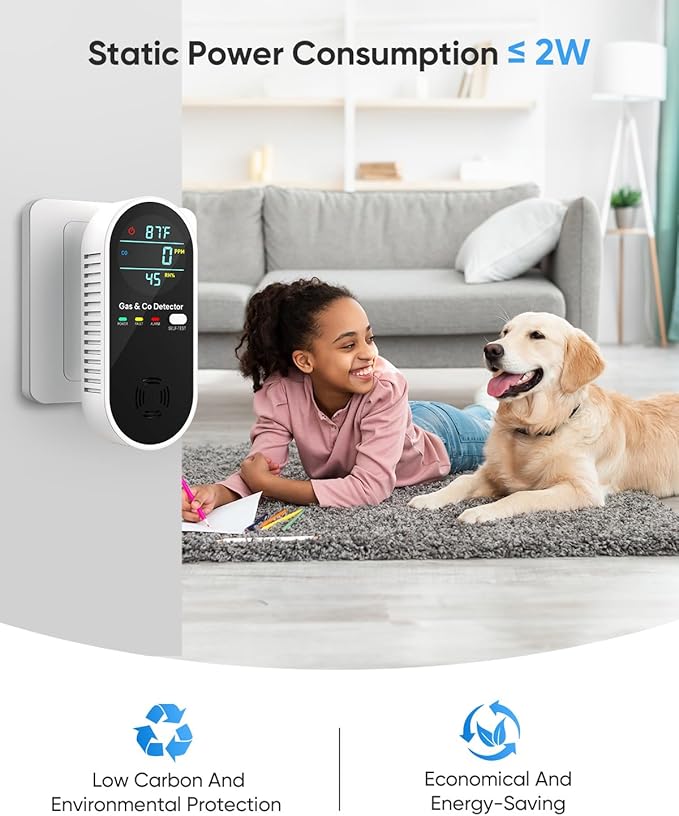 Carbon Monoxide Detectors and Natural Gas Detector, 4-in-1 Upgraded Carbon Monoxide Detectors Plug in, Gas Leak Detector with Dual Alarms, Temperature & Humidity Sensor for Home, RV, Black, 2 Packs - Image 3