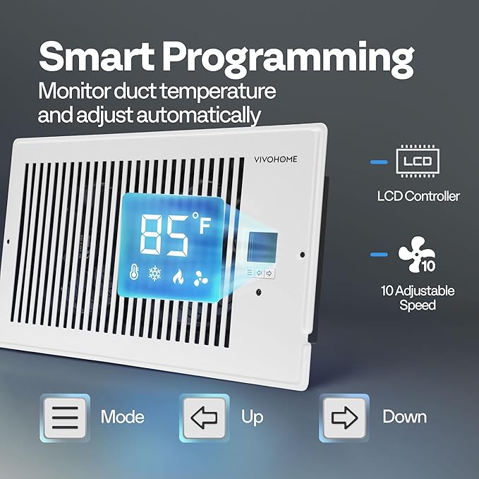 VIVOHOME 6"x12" Opening Smart Vent Register Booster Fan with Intelligent Thermostat & 10-Speed Remote Control - 13.8" x 7.5" Vent Cover for Room, Floor, Wall - White - Image 3