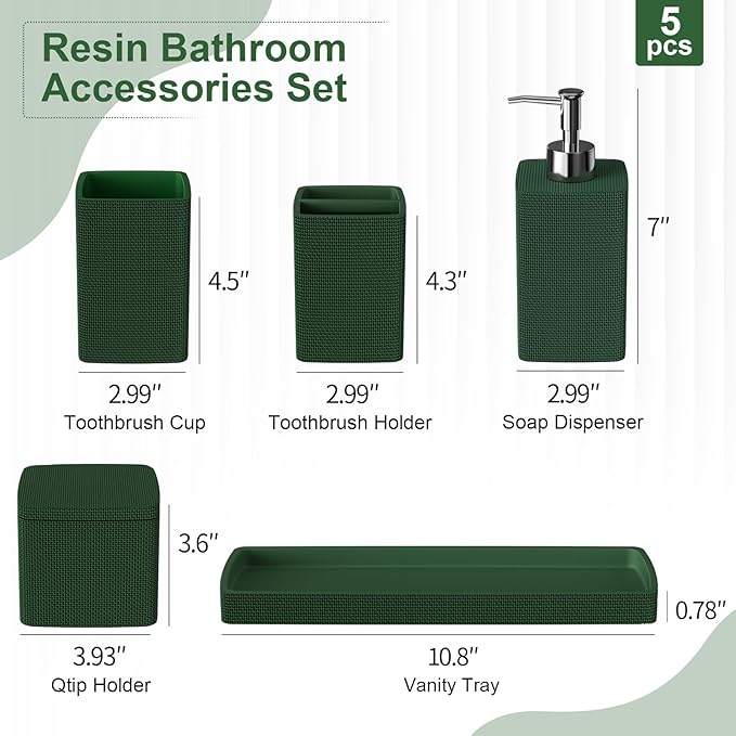 Dark Green Bathroom Accessories Set 5 Pieces, Resin Toothbrush Holders Set Complete with Soap Dispenser, Toothbrush Holder, Vanity Tray, Bathroom Tumbler and Qtip Holder for Small Spaces - Image 7