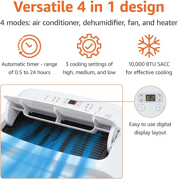 Amazon Basics 4-In-1 Portable Air Conditioner with Remote, Timer, Sleep Mode, Auto Swing, Cool/Heat/Dry/Fan-Only Functions, 13500 BTU (ASHRAE), Cools Up to 550 Sqf, Energy Saving, White - Image 3